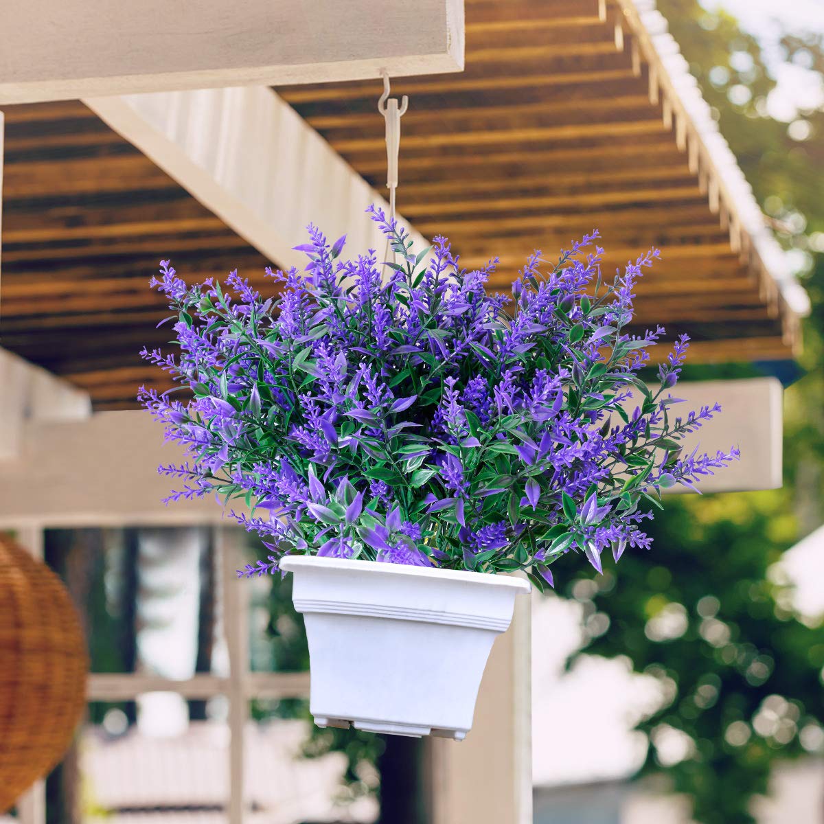 8 Bundles Artificial Lavender Flowers - UV Resistant Faux Plastic Plants for Outdoor Garden, Porch & Window Box Decor - No Fade, All Weather (Purple) - Perfect for Home, Wedding & Party Decoration