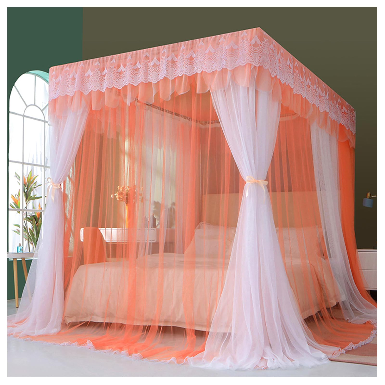 Double Pole Reinforcement Bed Canopy Curtains - 3 Door Opening Mosquito Net with Encrypted Shading, 59 x 79 Inches, Orange - Perfect for Bedroom Decor, Wedding Gifts, and Family Present Ideas