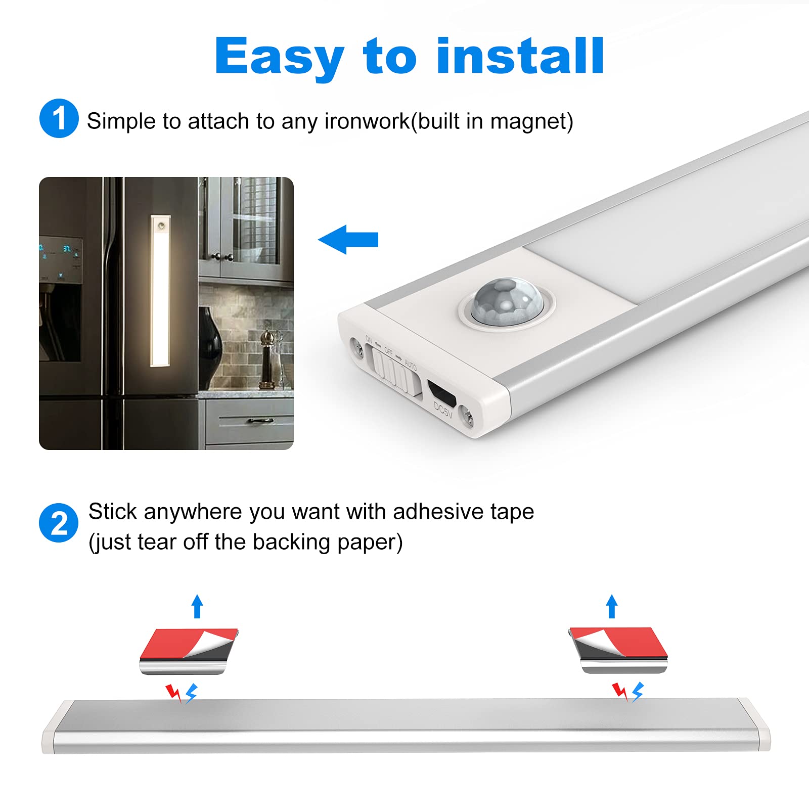 USB Rechargeable Under Cabinet Lights - 48 LED Motion Sensor Closet Lighting, Wireless Battery Operated for Wardrobe, Cupboard, Kitchen, Stairs - Perfect for Nighttime Safety & Home Organization