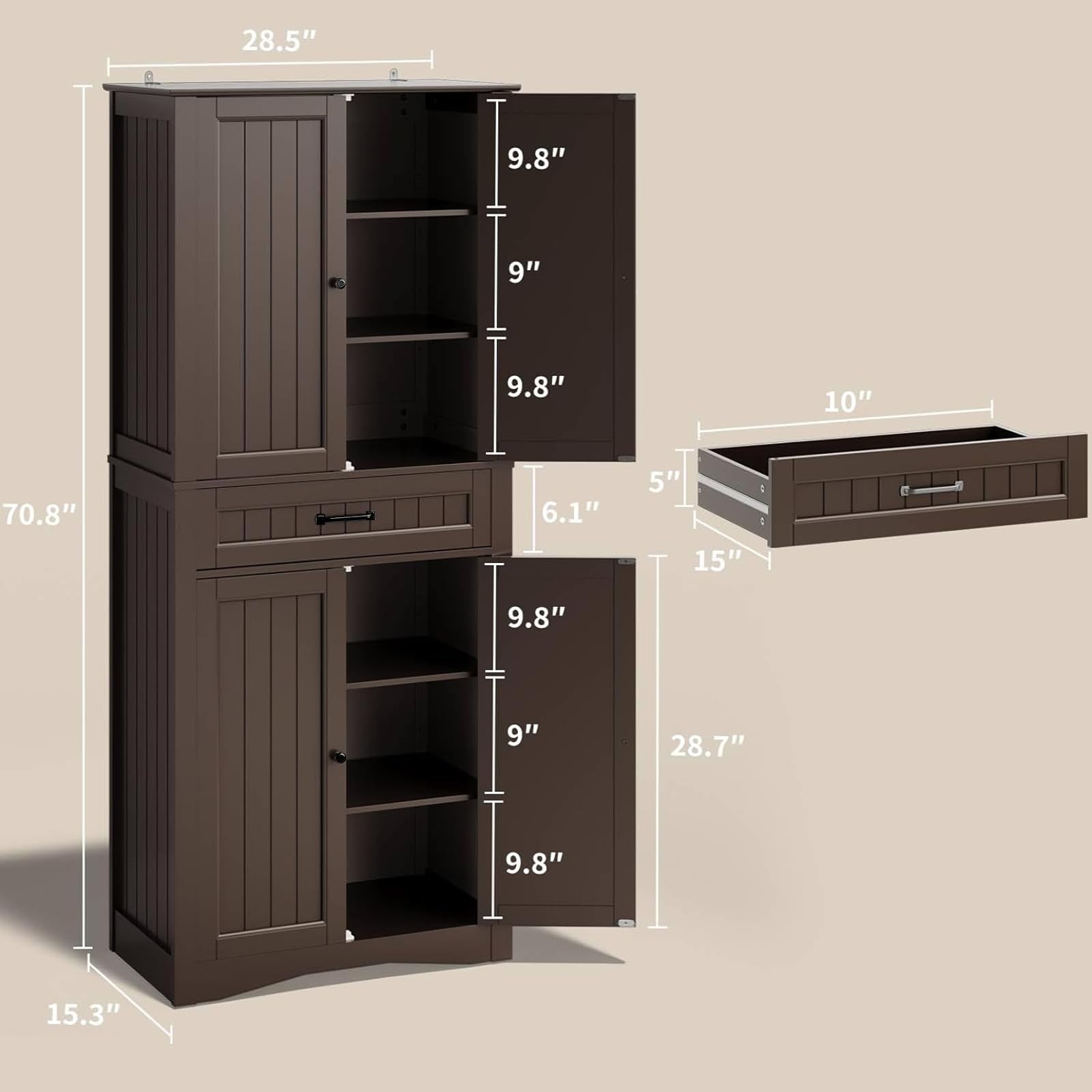 Gizoon 71 Inch Freestanding Pantry Cabinet with 4 Doors & 4 Adjustable Shelves - Large Storage Organizer for Kitchen, Bathroom, Living Room - Perfect for Storing Food, Toiletries & Home Essentials
