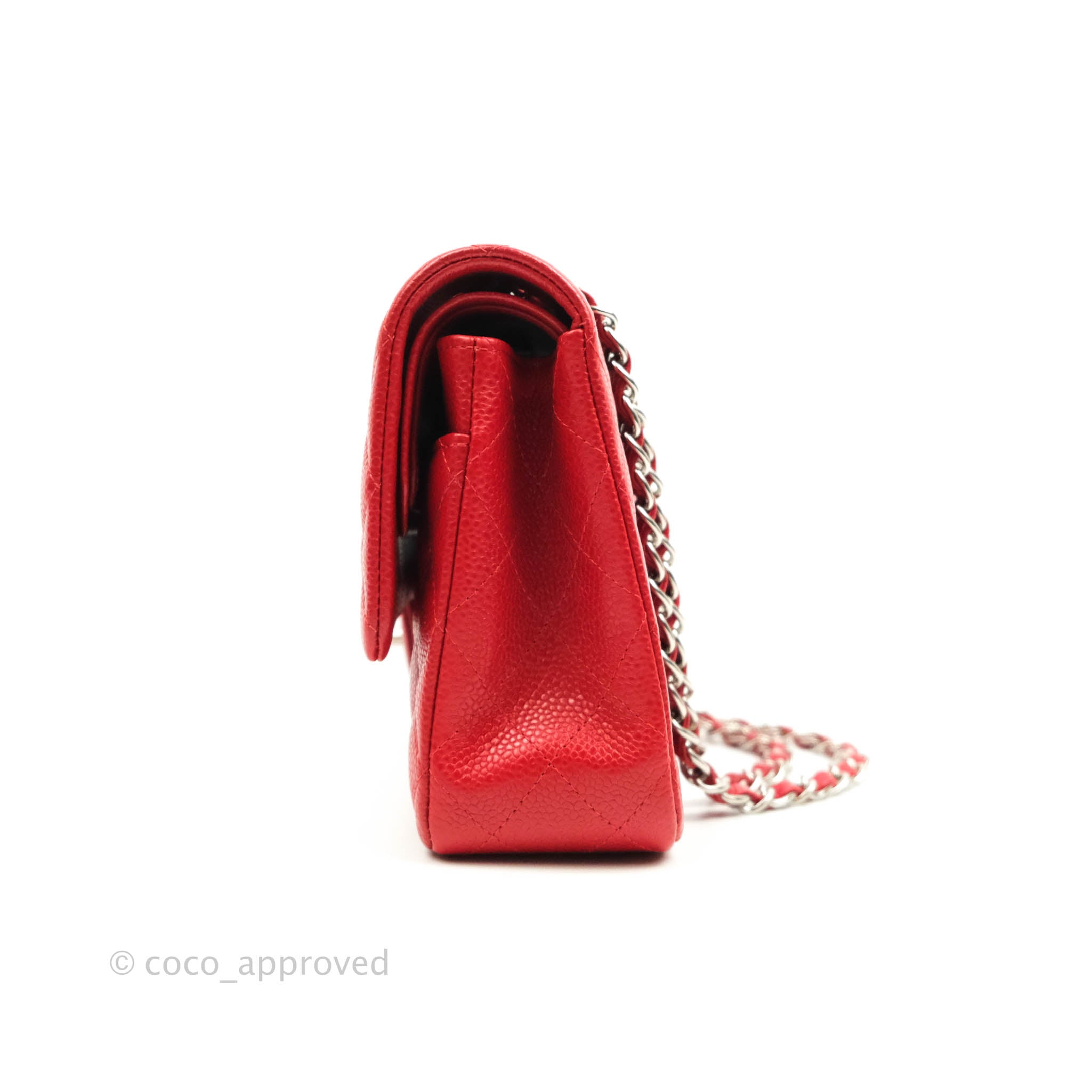 Chanel Classic Medium Double Flap Bag in Red Caviar Leather with Silver Hardware - Perfect for Work, Evening Events & Luxury Gift Giving
