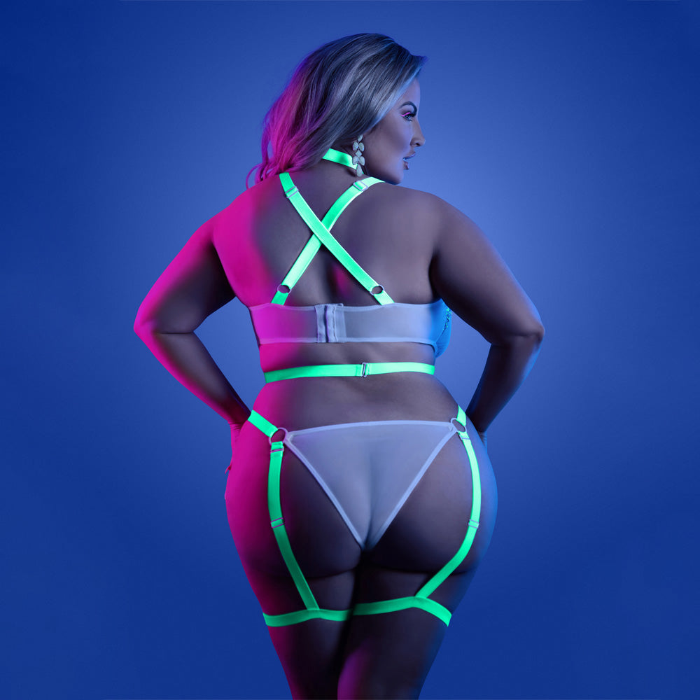 Fantasy Lingerie Glow in The Dark Night Vision Gartered Cage Strap Teddy for Women - Sexy Plus Size Lingerie for Romantic Nights & Boudoir Photography