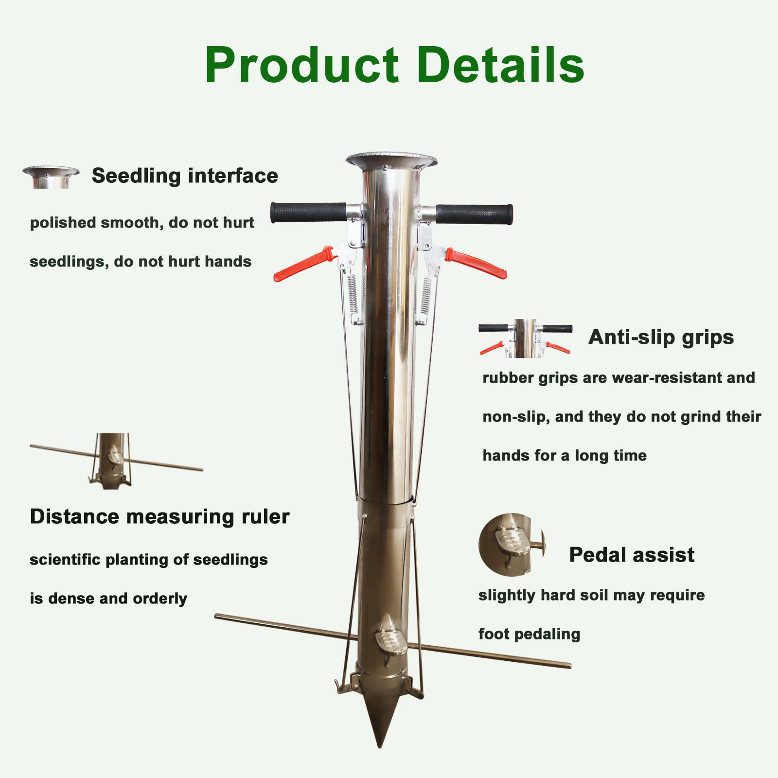 Stainless Steel Seedling Transplanting Tool with Long Handle & Pedal - Manual Bulb Planter for Vegetables, Young Plants - Ideal for Garden, Greenhouse & Home Planting Projects