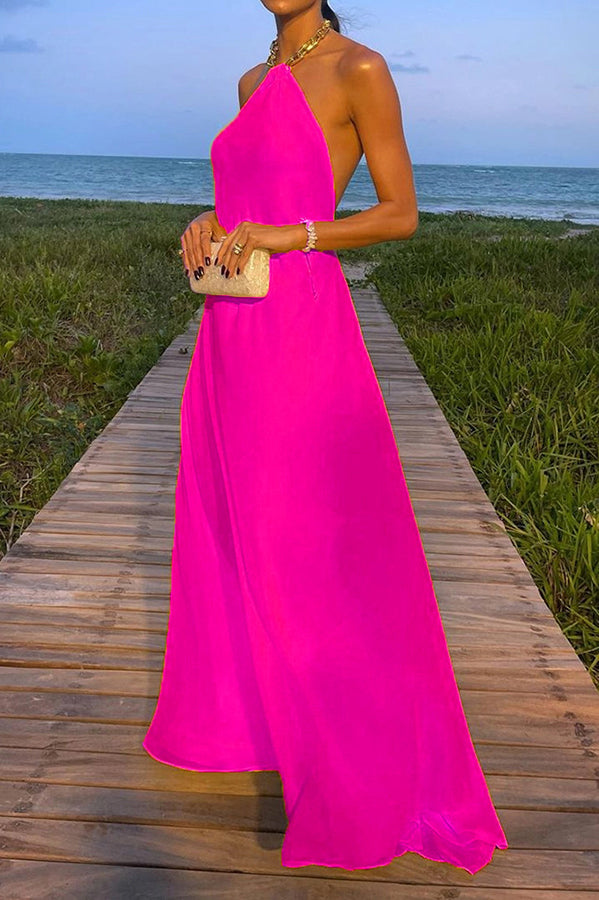 Santorini Vacation Maxi Dress - Backless A-Line Halter Dress with Metal Chain Detail | Perfect for Beach Weddings, Summer Getaways & Boho Fashion