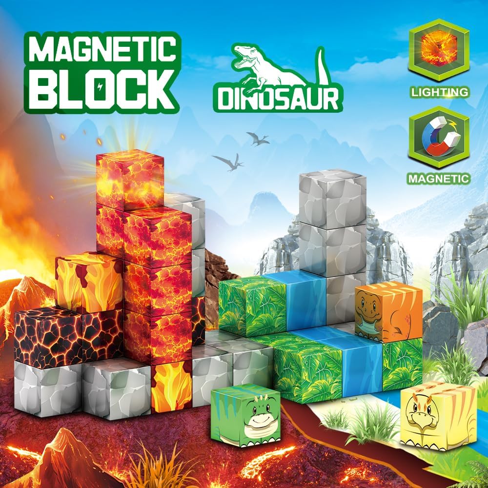Magnetic Building Blocks Dinosaur Toys for Kids Ages 4-8 - Montessori Educational STEM Construction Set with 24 Days Christmas Countdown Calendar, Perfect Holiday Stocking Stuffers & Birthday Gifts for Boys and Girls | Creative Play, Classroom Learning, Party Favors