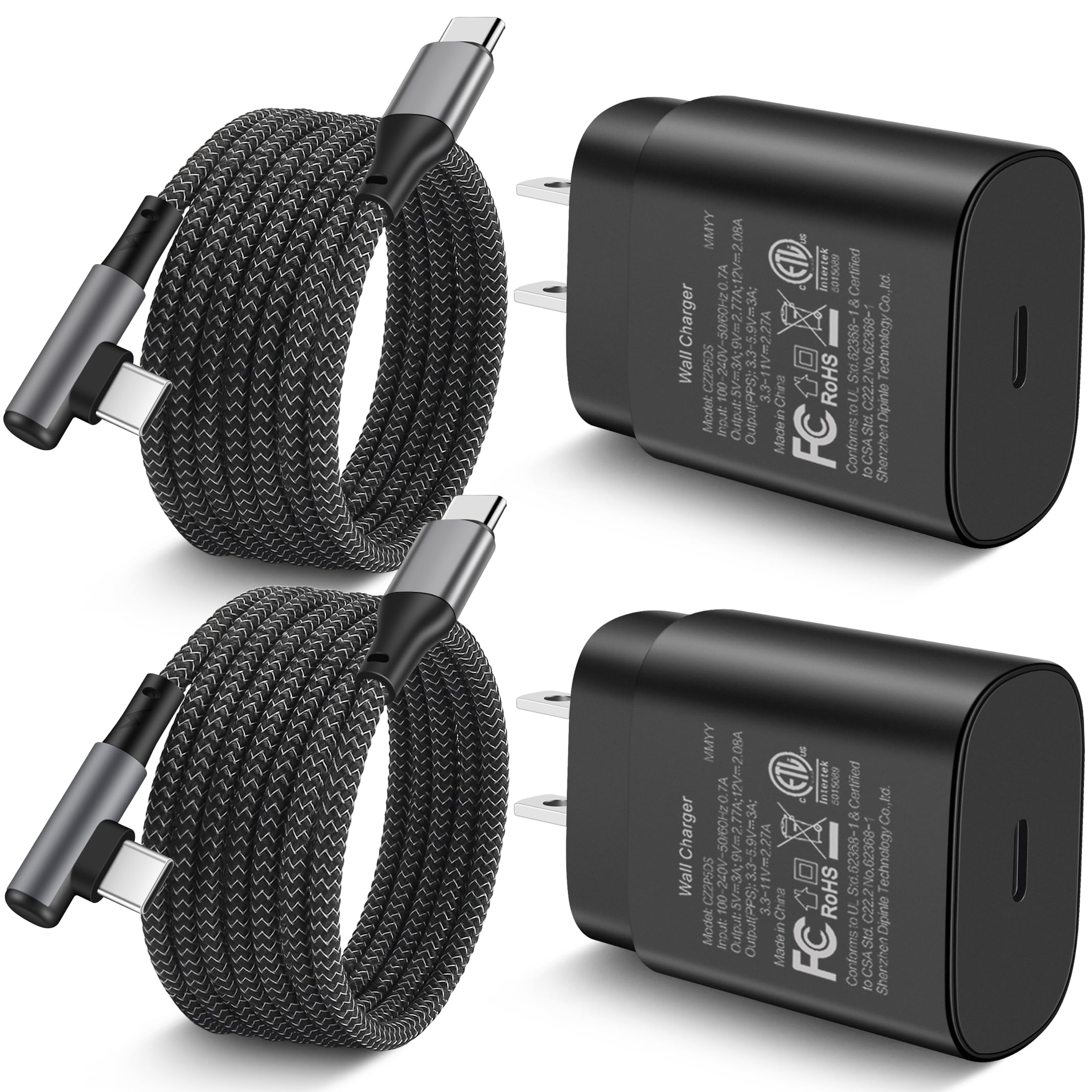 25W Super Fast USB C Wall Charger Block with 10FT Right Angle Cable - 2Pack Fast Charger for Samsung Galaxy S24/S23/S22/S21/S20/Note 20/Z Fold 5/4/3 - Perfect for Home, Office & Travel Charging
