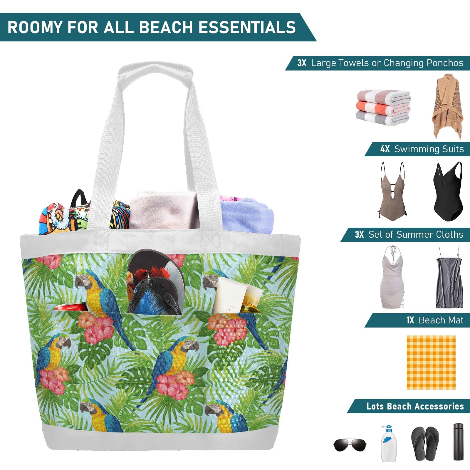 J JOYSAY Tropical Floral Parrots Mesh Beach Tote Bag - Large Waterproof & Sandproof Beach Bag for Women - Perfect for Pool, Gym, Sports & Summer Vacations