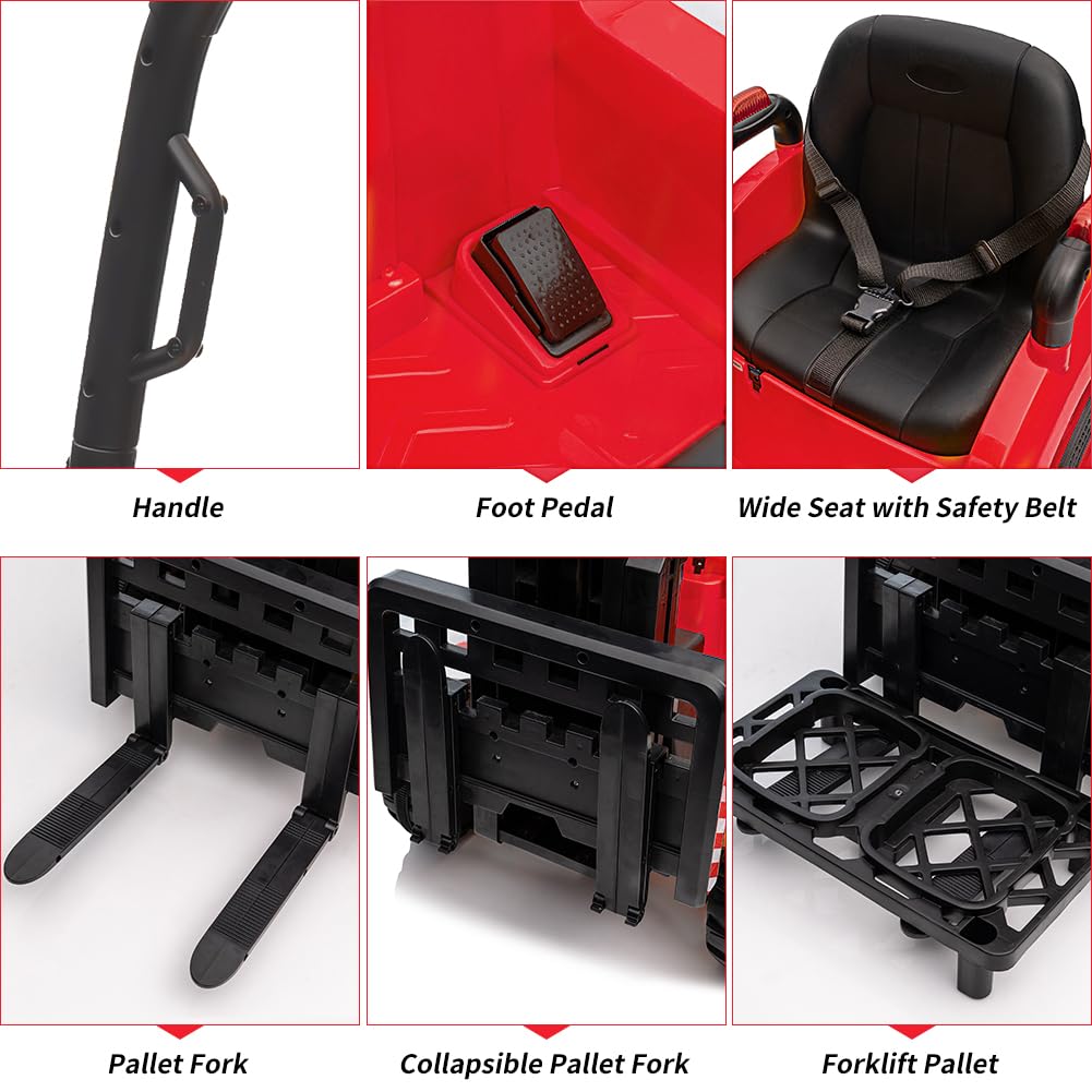 12V Electric Ride On Forklift Car with Remote Control - Liftable Fork & Pallet, Adjustable Speed, Built-in Music, USB Port & Low-Power Alarm - Fun Pretend Play Toy for Kids (Red) - Perfect for Indoor/Outdoor Play, Birthday Gifts & Role-Playing Activities