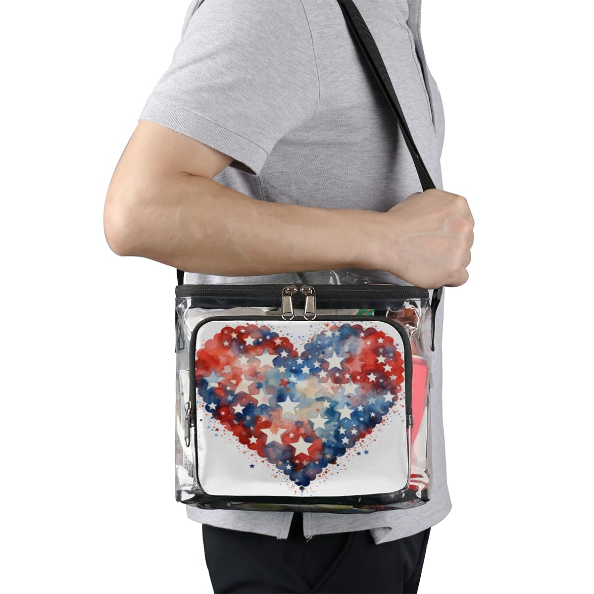 GzLeyigou Transparent Heart Print Clear Tote Bag with Handles - Star Pattern Crossbody Shoulder Bag for Lunch, Outdoor Activities, Travel, Picnics, Concerts & Sports Events (Stadium Approved) - Perfect for Beach Days, Music Festivals and Shopping Trips