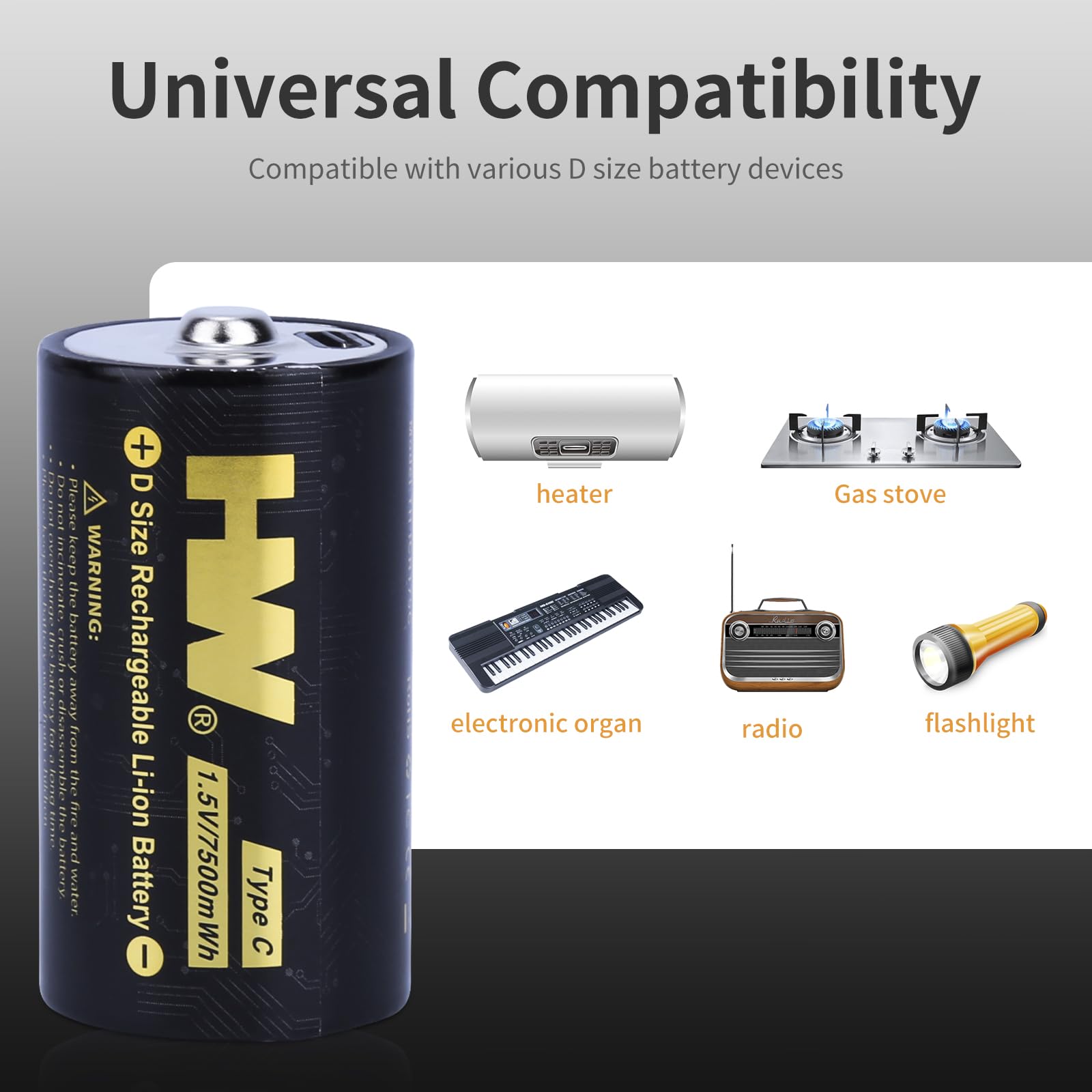 HW Rechargeable D Batteries 4 Pack - 7500mWh Long-Lasting Lithium D Cell Batteries with USB-C Fast Charger (4-in-1 Cable) | 1000+ Charge Cycles | Perfect for Flashlights, Camping Lights, Emergency Kits & Outdoor Gear