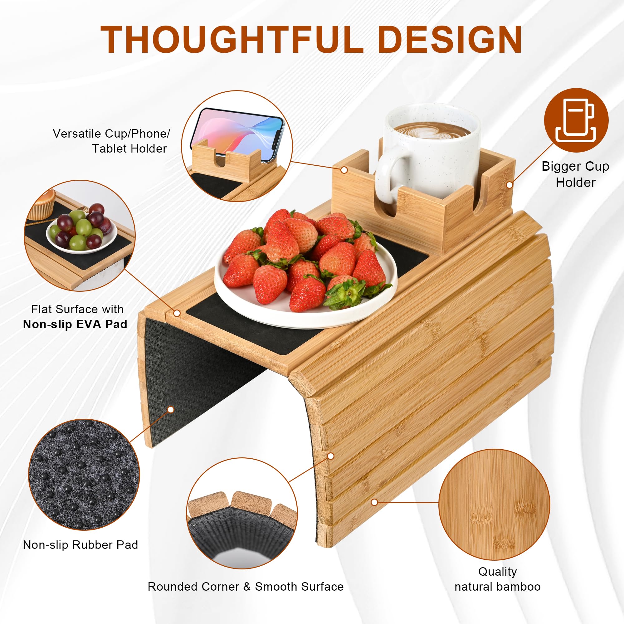 Joy&Grace Bamboo Sofa Armrest Tray with Large Mug Holder - Foldable Anti-Slip Couch Cup Holder & Arm Table for Eating, Drinking, Holding Phone - Perfect for Living Room, Bedroom, Office (Natural Color)