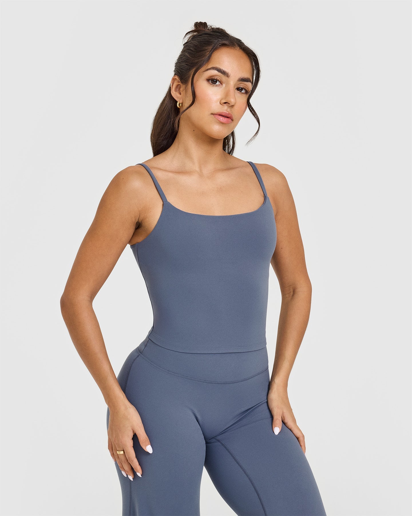 SoftMotion™ Strappy Mid Vest with Built-in Bra Shelf - Granite Blue | Seamless Workout Top for Yoga, Running & Gym | Women's Activewear