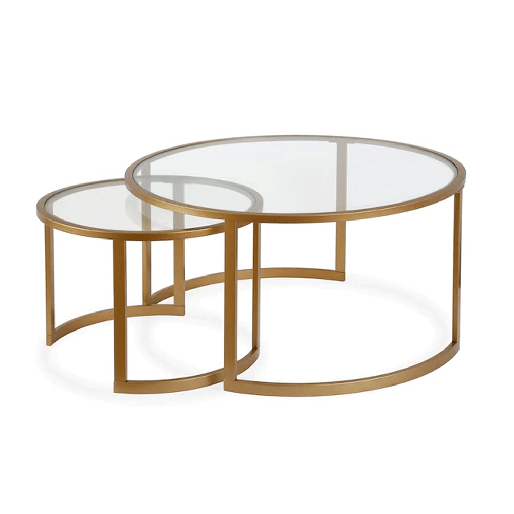 Modern Contemporary Nesting Round Coffee Table Set of 2 - Glass Top Black Metal Frame Sofa Tables for Living Room, Home Office - Easy Assembly, Glam Accent End Tables - Perfect for Small Spaces, Apartment Decor & Hosting Guests