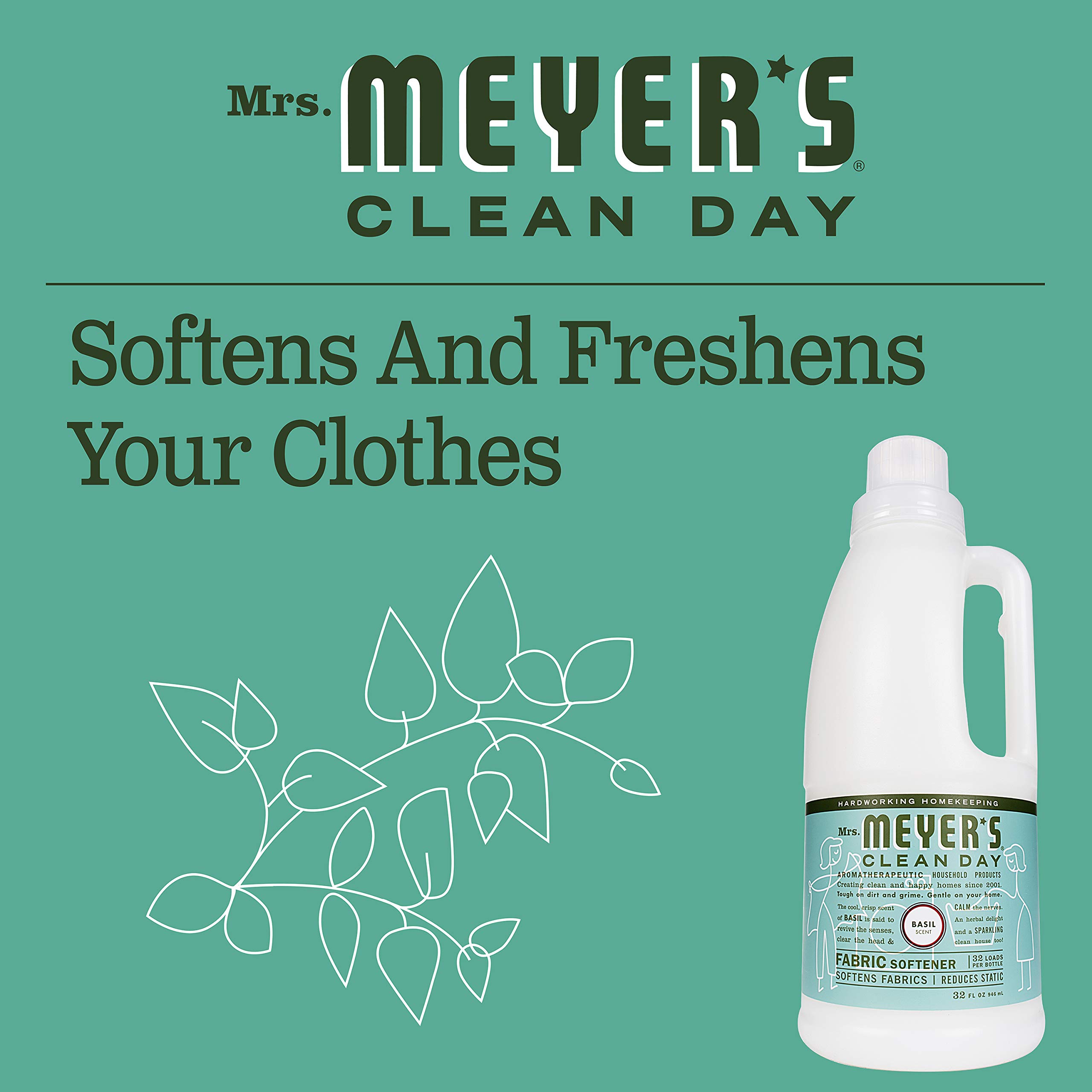 Mrs. Meyer's Clean Day Liquid Fabric Softener - Basil Scent, 32 Fl Oz (Pack of 2) | Plant-Derived Ingredients, Hypoallergenic | Perfect for Laundry, Softens Clothes & Reduces Static | Eco-Friendly & Cruelty-Free