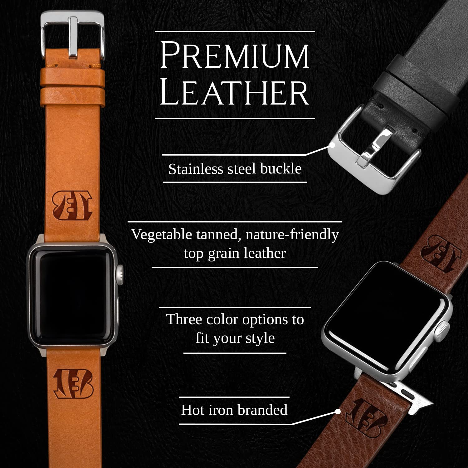 Cincinnati Bengals Genuine Leather Apple Watch Band - Compatible with All Apple Watch Models - Perfect for Game Day, Sports Fans & NFL Enthusiasts