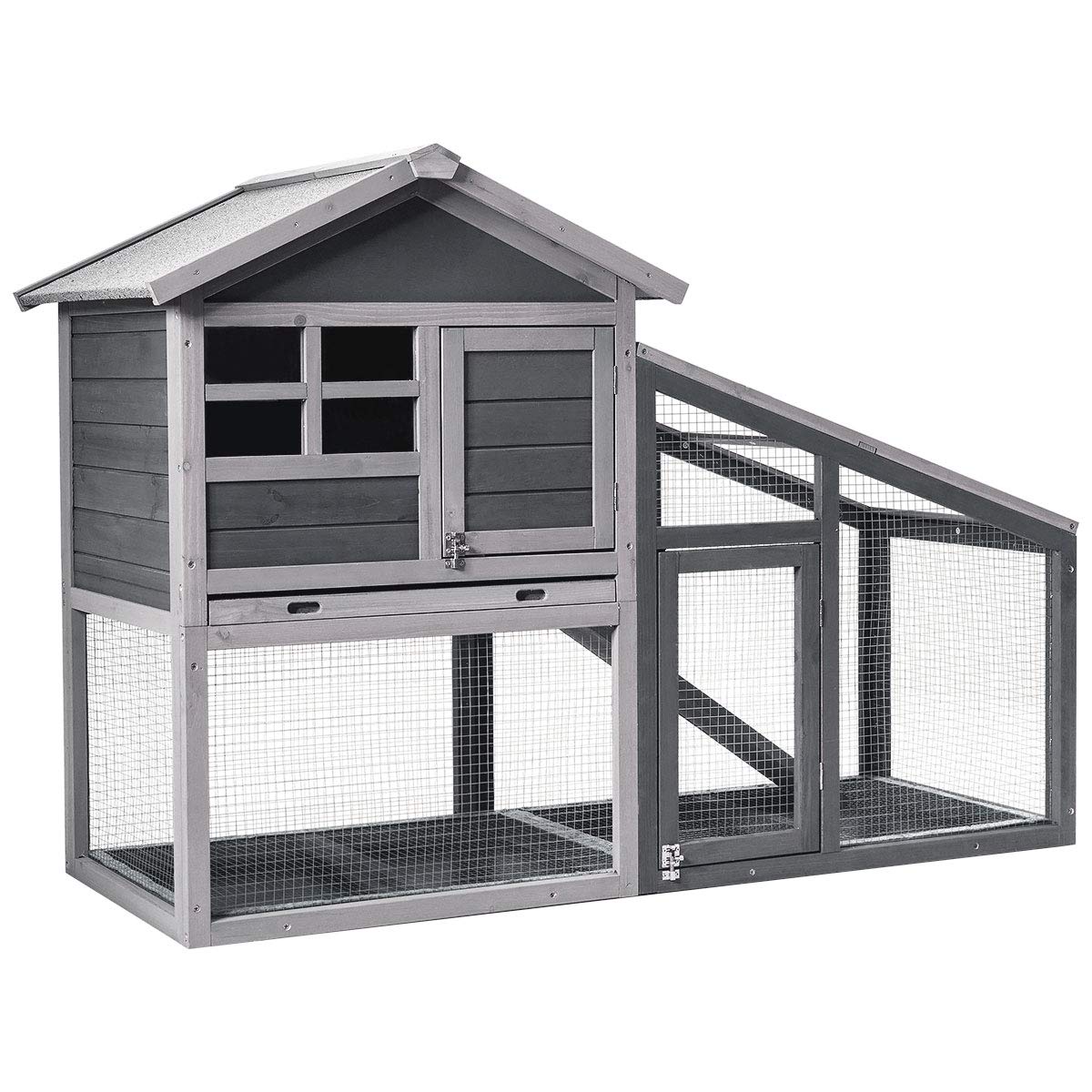 Tangkula Rabbit Hutch Indoor Outdoor - Wooden Chicken Coop Bunny Cage with Run, Ventilation Door & Removable Tray - Perfect for Backyard, Garden, or Patio Use - Great for Rabbits, Chickens & Small Pets (Gray)