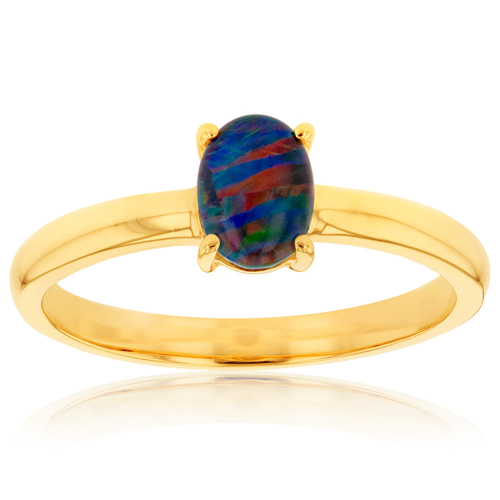 9ct Yellow Gold 7x5mm Oval Opal Ring - Resizable 1-2 Sizes - Elegant Jewelry for Women, Perfect for Weddings, Anniversaries & Special Occasions