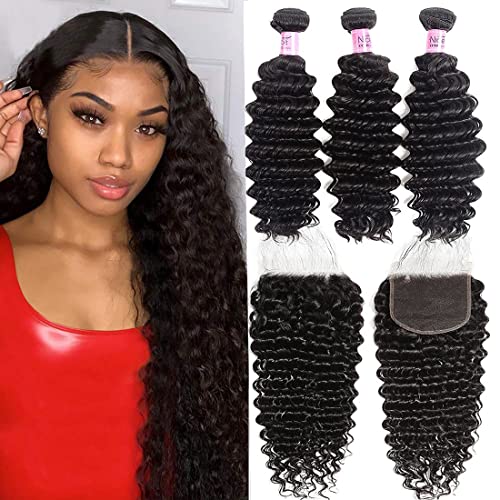 UNICE Deep Wave 5x5 HD Lace Closure with Brazilian Virgin Human Hair Bundles - 3 Bundles & Invisible Lace Closure (Pre-Plucked with Baby Hair) 20 22 24+18 Inch | Natural Looking Hair Extensions for Styling & Protective Hairstyles