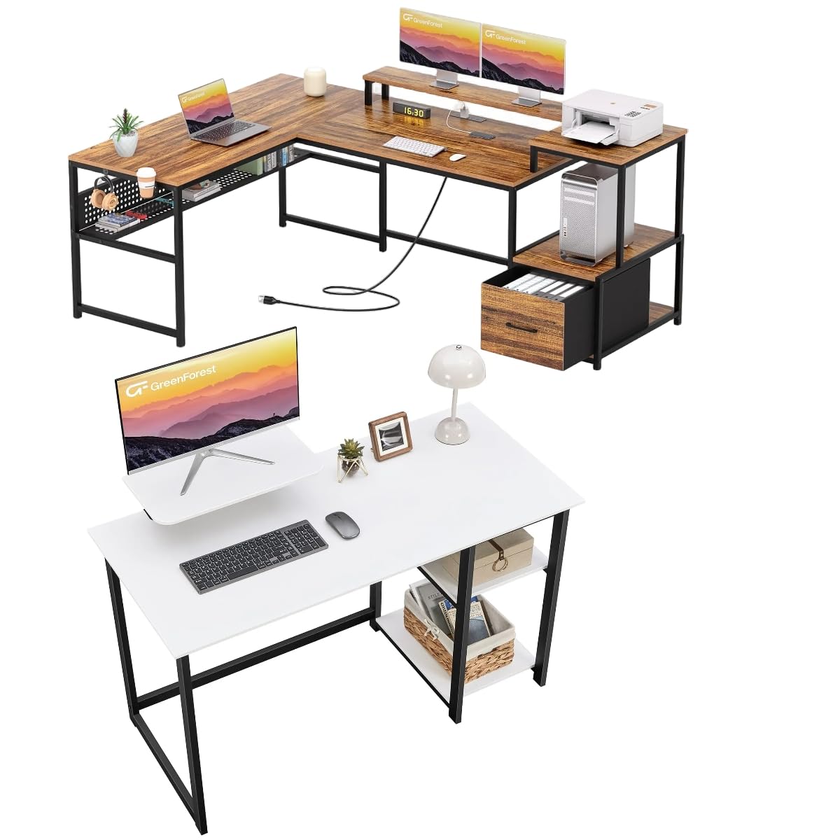 GreenForest 39 Inch White Computer Desk with Monitor Stand & Reversible Storage Shelves | 69 Inch L-Shaped Desk with Drawers & Power Outlet | Home Office, Gaming & Study Workspace