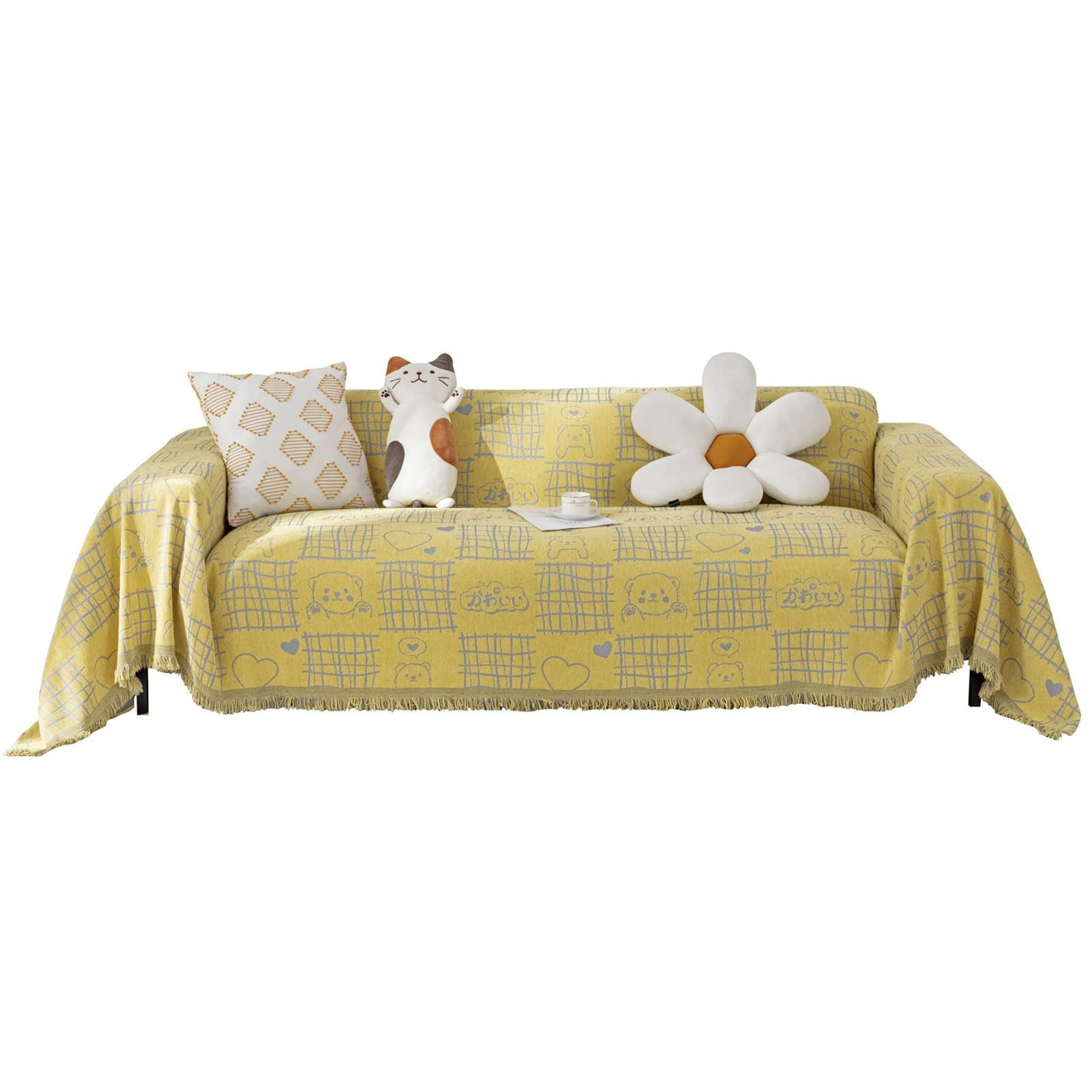 Double Sided Chenille Sofa Slipcover - Soft Geometric Pattern Furniture Protector for 3 Cushion Couches (180x150cm, Yellow) | Pet & Kid Friendly Modern Sofa Cover for Living Room, Family Room & Home Decor