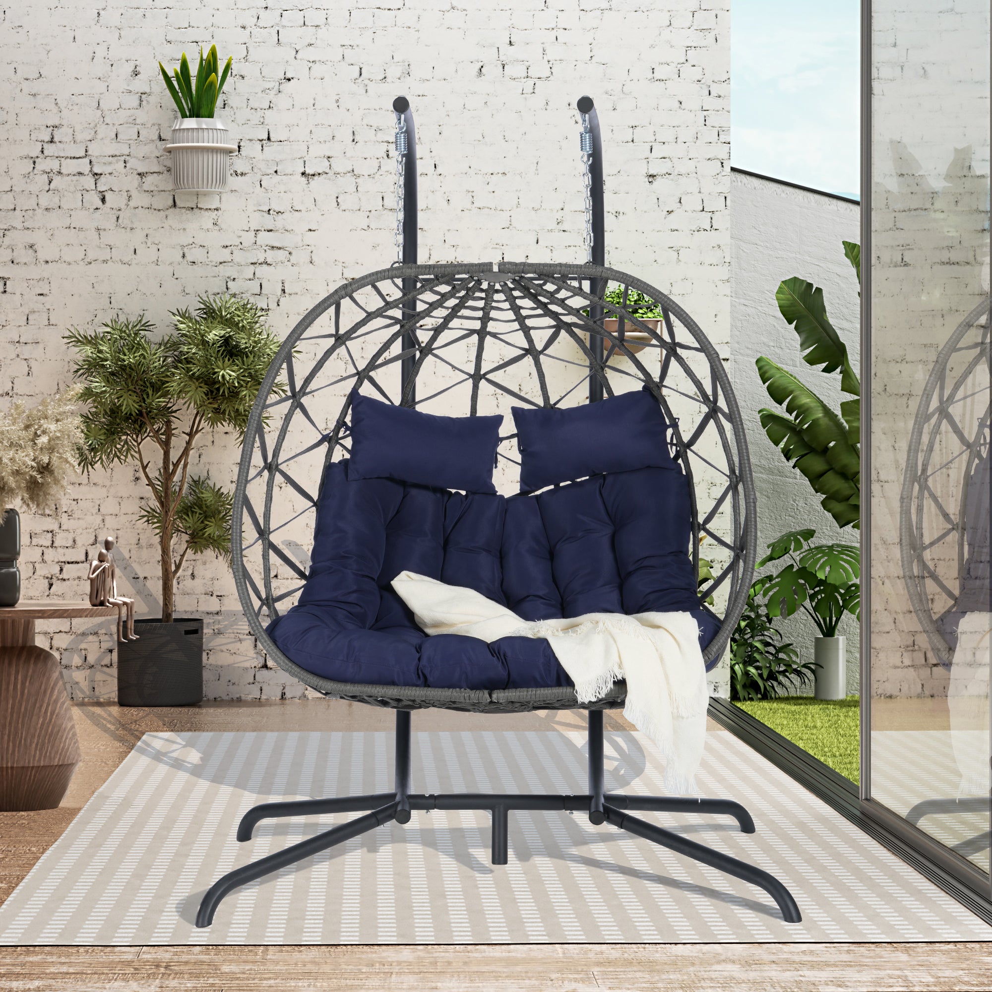 Double Egg Chair with Stand - Hanging Indoor/Outdoor Wicker Rattan Swing Chair with UV-Resistant Cushions (600lb Capacity) - Perfect for Bedroom, Balcony, Patio & Garden Relaxation