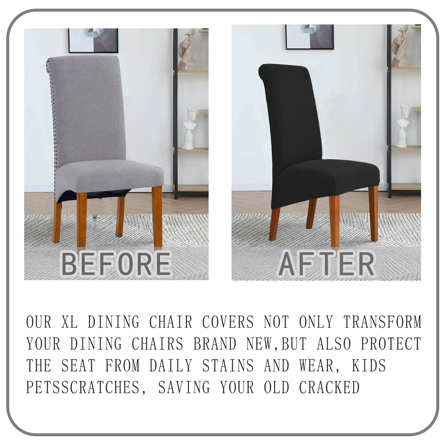 Deisy Dee Stretch XL Oversized Soft Spandex Dining Chair Covers - Washable Slipcovers for Kitchen & Dining Room - Black (Set of 2) - Perfect for Home, Restaurant, and Office Use