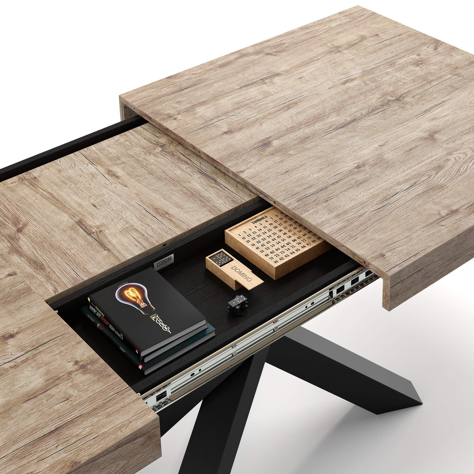 Expandable Oak Dining Table 86.6 x 35.4 Inches - Italian Modern Kitchen & Living Room Furniture with Black Crossed Legs - Seats 6-10 People - Perfect for Family Gatherings & Dinner Parties