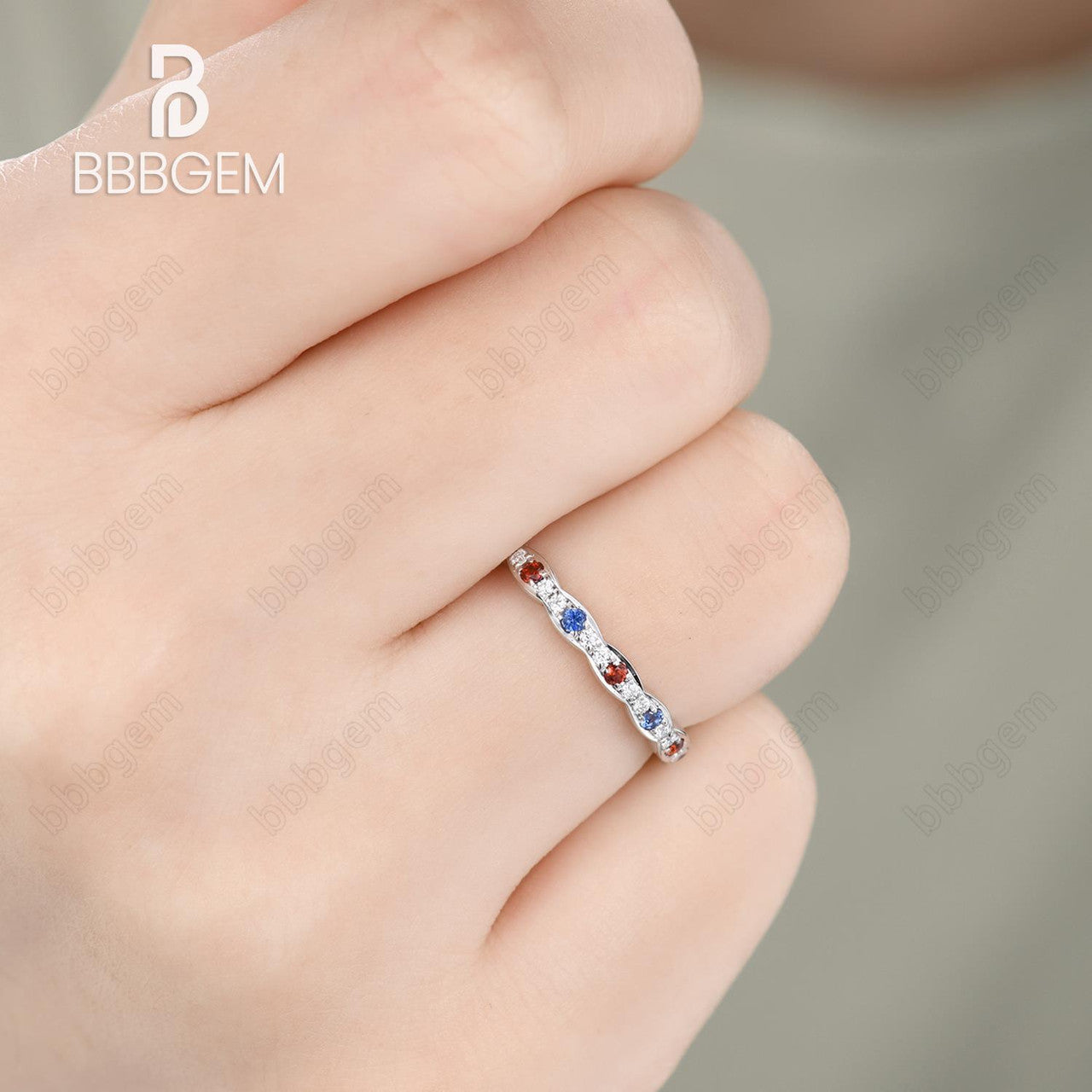 Platinum Garnet Sapphire Moissanite Diamond Eternity Stackable Wedding Band Set - Anniversary & Birthday Gift for Women, Perfect for Valentine's Day, Proposal, or Bridal Jewelry