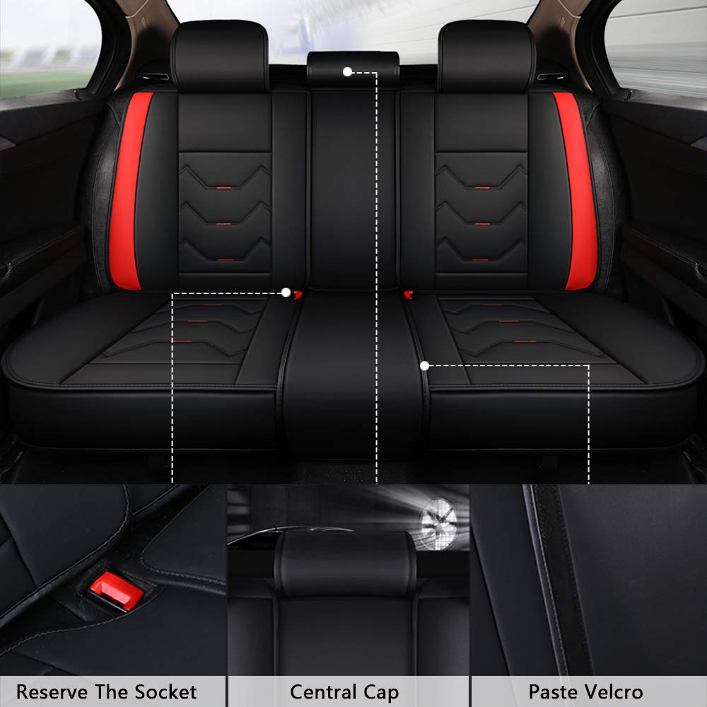 Premium Leather Car Seat Covers Full Set - 5-Piece Waterproof Auto Seat Protectors for Sedans, SUVs & Trucks | Front & Rear Cushion Covers (Black & Red) | Perfect for Daily Commute, Road Trips & Family Protection