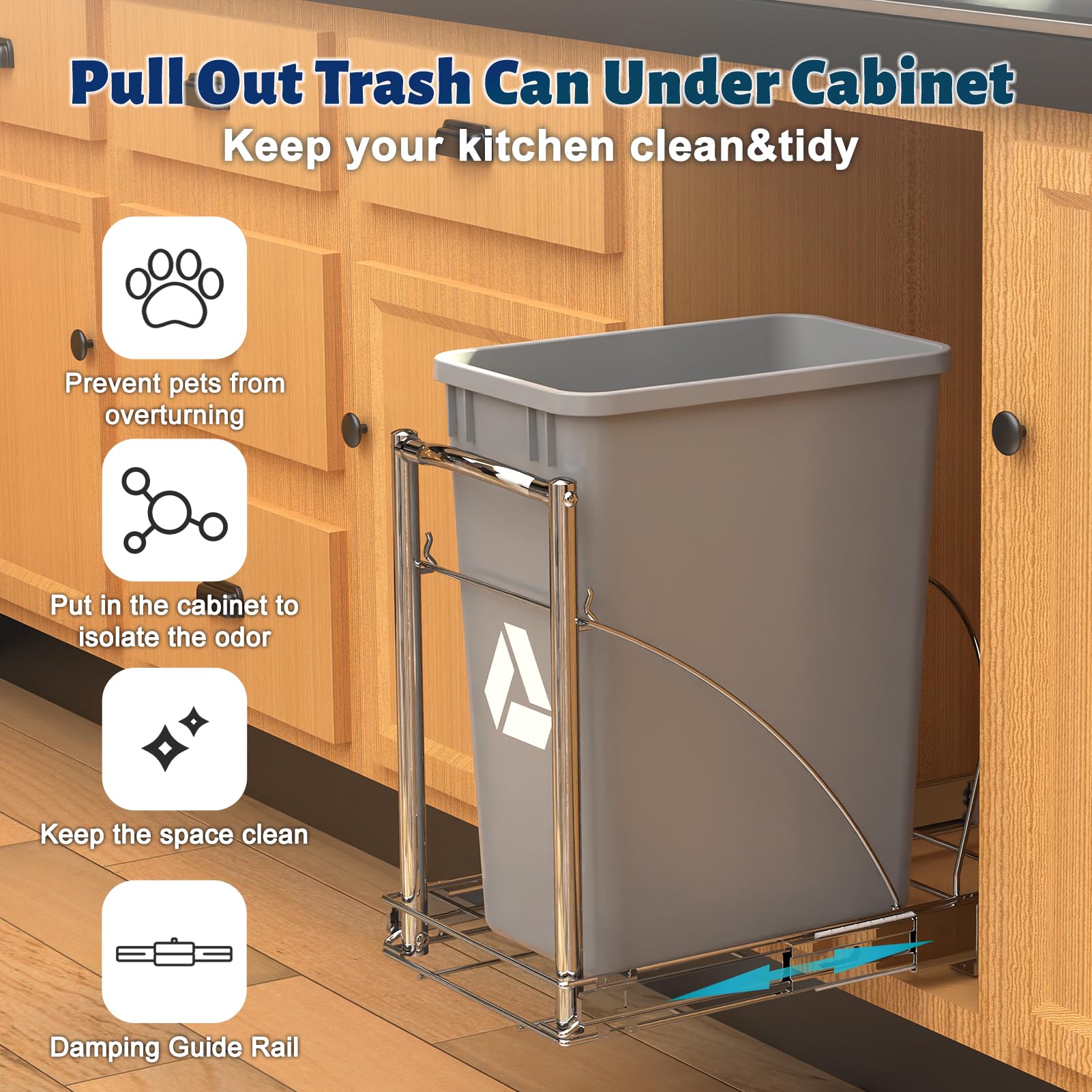 Adjustable Pull Out Trash Can for 7-13 Gallon - Under Cabinet or Sink Slide Out Garbage Bin - Perfect for Kitchen, Bathroom, or Office Organization