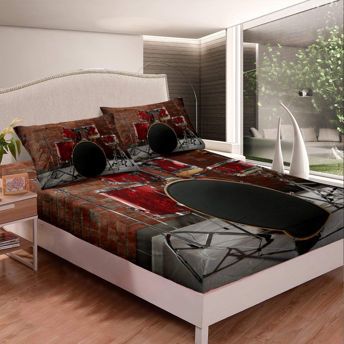 Erosebridal Red Drum Kit Bedding Set - Full Size Fitted Sheet with 2 Pillow Cases for Hip Hop & Rock Music Fans - Perfect for Drummers' Bedroom Decor & Music Themed Parties