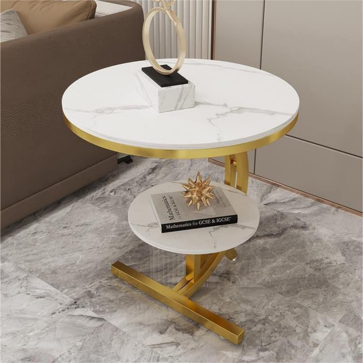 Gdrasuya10 Modern Marble End Table with Gold Base - 2 Tier Snack Coffee Table for Living Room, Bedroom, Office - 20 Inch Side Table Perfect for Display & Small Space Decor