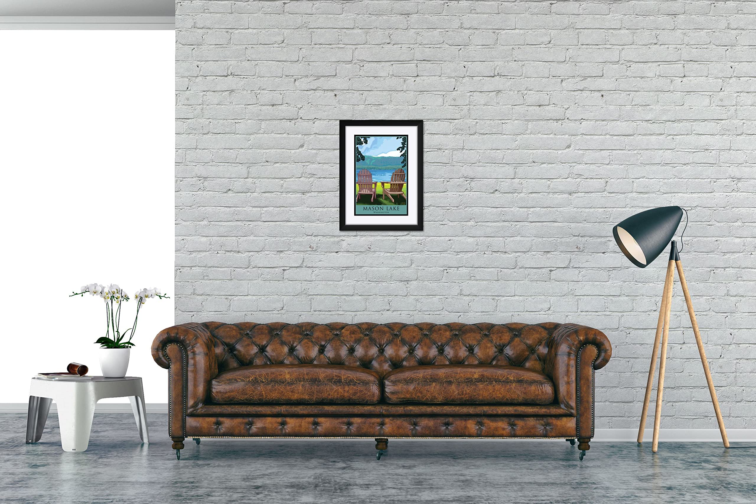 Joanne Kollman Adirondack Chairs Lake Art Print - 18x24 Inch Framed Wall Decor - Mason Lake Washington Landscape Painting - Perfect for Living Room, Bedroom & Office Decoration