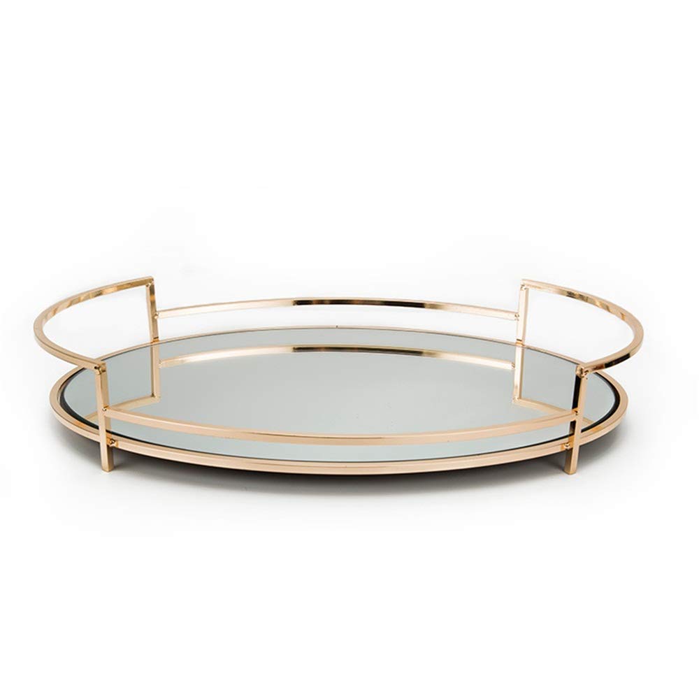 LIUMANG Round Mirror Jewelry Tray - Decorative Transparent Glass & Gold Metal Makeup Organizer - Cosmetic Storage Box for Bathroom Vanity (33.5x22.5x8cm) - Perfect for Jewelry Display, Makeup Organization & Home Decor