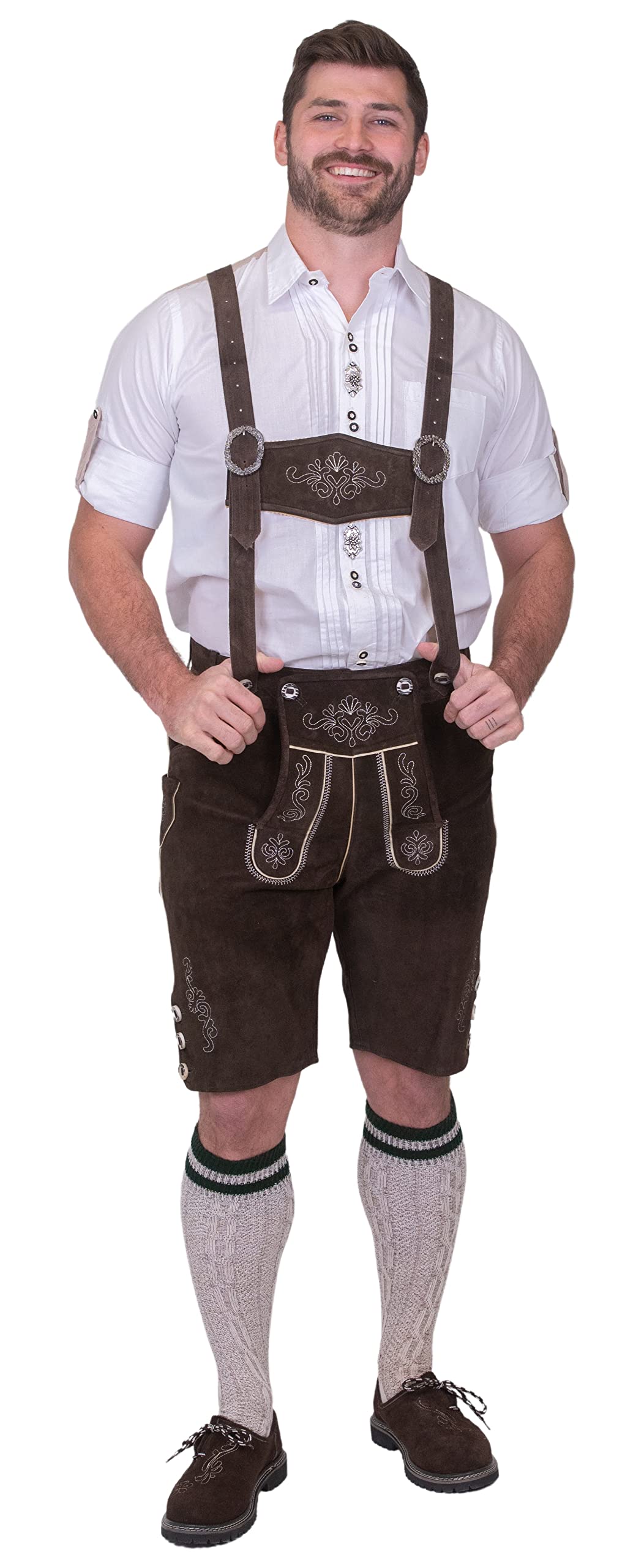 Authentic German Dirndl Trachten Haus 2-Piece Brown Leather Lederhosen Shorts for Oktoberfest | Traditional Bavarian Costume for Adults | Halloween Party Outfit & Cultural Events