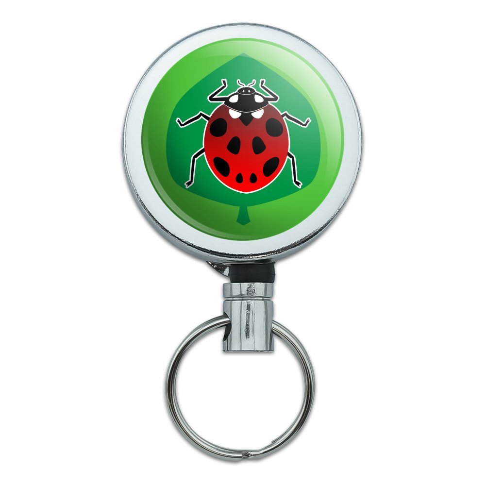 Premium Heavy Duty Metal Retractable ID Badge Holder with Belt Clip - Red Ladybug on Green Leaf Design - Secure Key Card & Tag Reel for Office, Hospital, School & Corporate Security Use