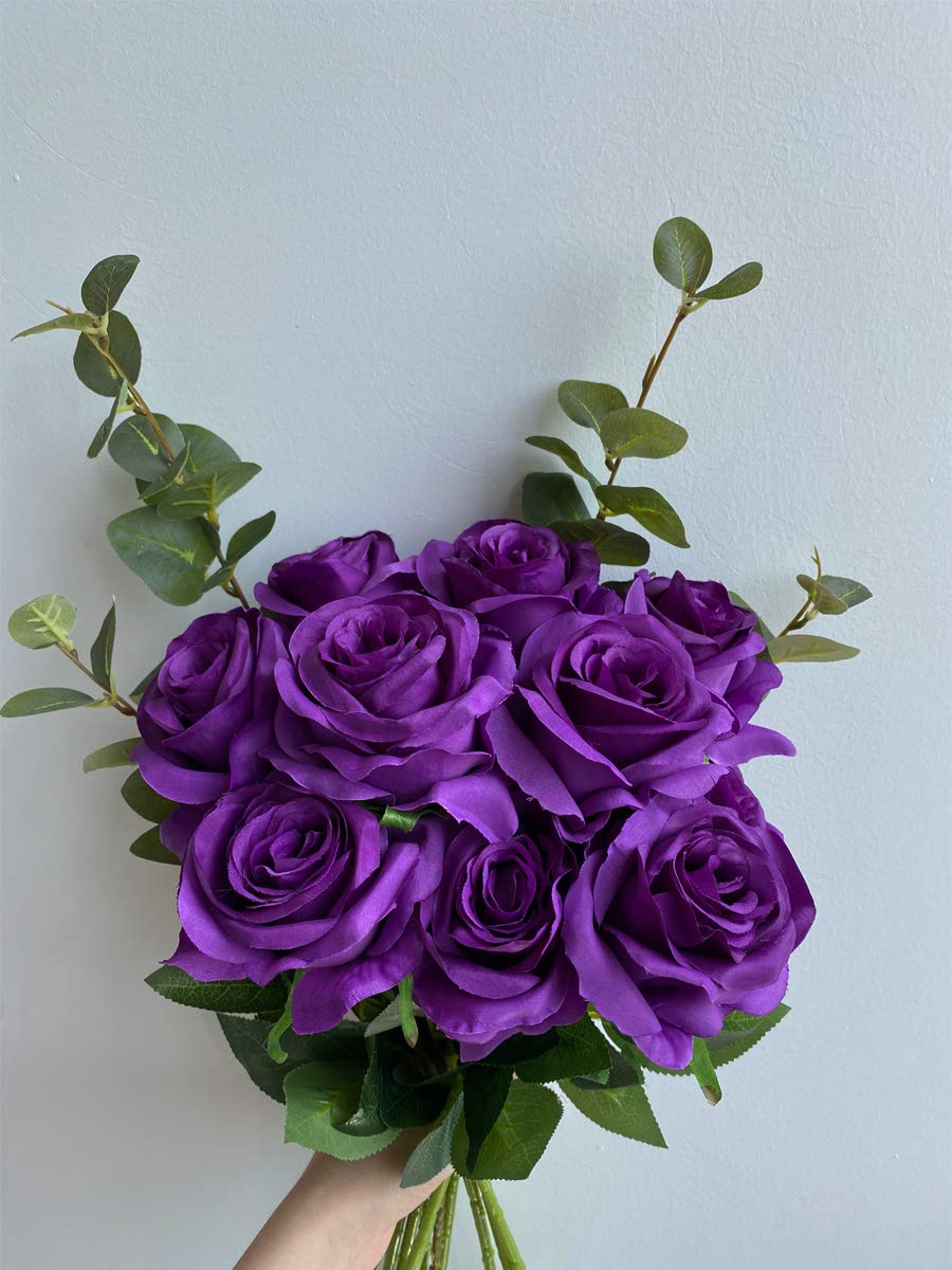 10pcs Lifelike Artificial Silk Rose Bouquet - Realistic Fake Purple Roses for Wedding Decor, Home Party, Event Centerpieces & Romantic Gifts | Perfect for Table Arrangements, Bridal Showers, Anniversary Celebrations