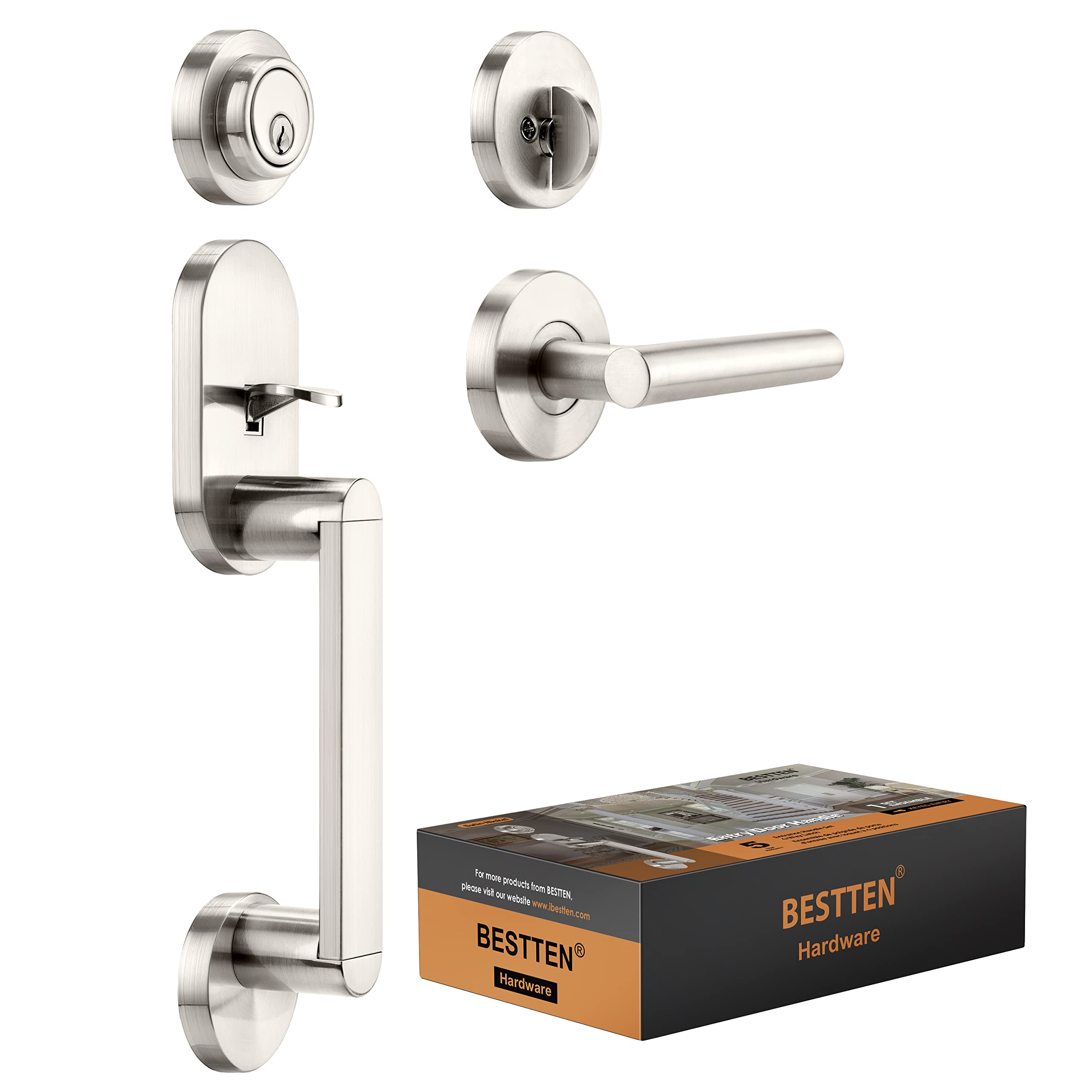 BESTTEN Heavy Duty Front Entry Door Handle Set with Single Cylinder Deadbolt Lock & Reversible Lever - Satin Nickel Finish | Secure Home & Office Door Hardware for Enhanced Safety