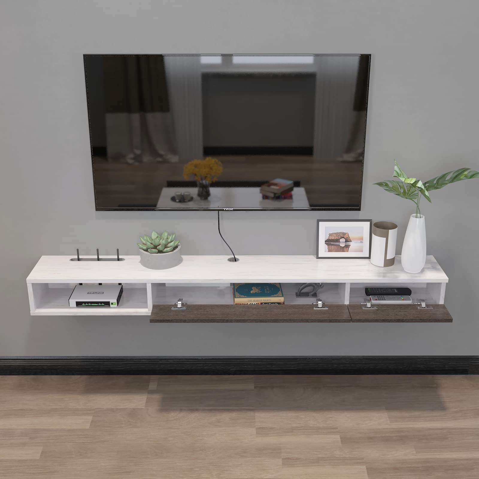 Floating TV Stand for 55-60 Inch TVs - Wall Mounted Media Console with 2 Doors, Greyish-White - Perfect for Living Room, Bedroom & Home Theater Entertainment Centers