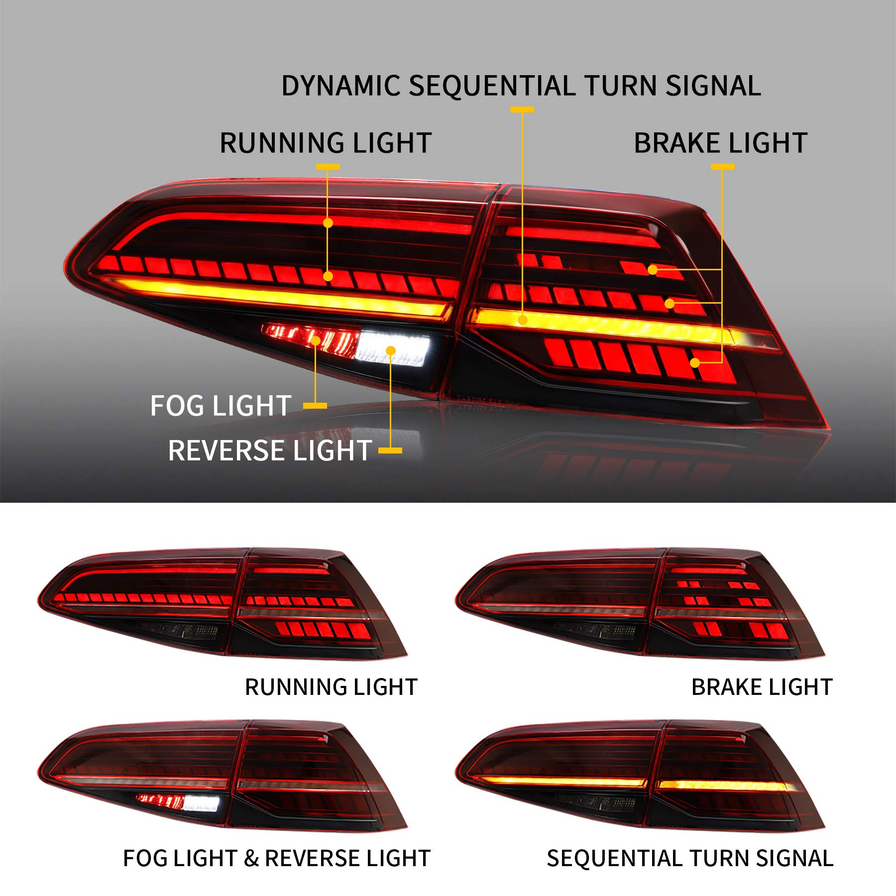VLAND LED Tail Lights Assembly for VW Golf 7 MK7 & 7.5 (2014-2020) - Sequential Turn Signal Rear Lamps Compatible with TDI & TSI Models (Excluding GTI/R) | Upgrade Your Golf's Style & Safety for Night Driving & Car Shows