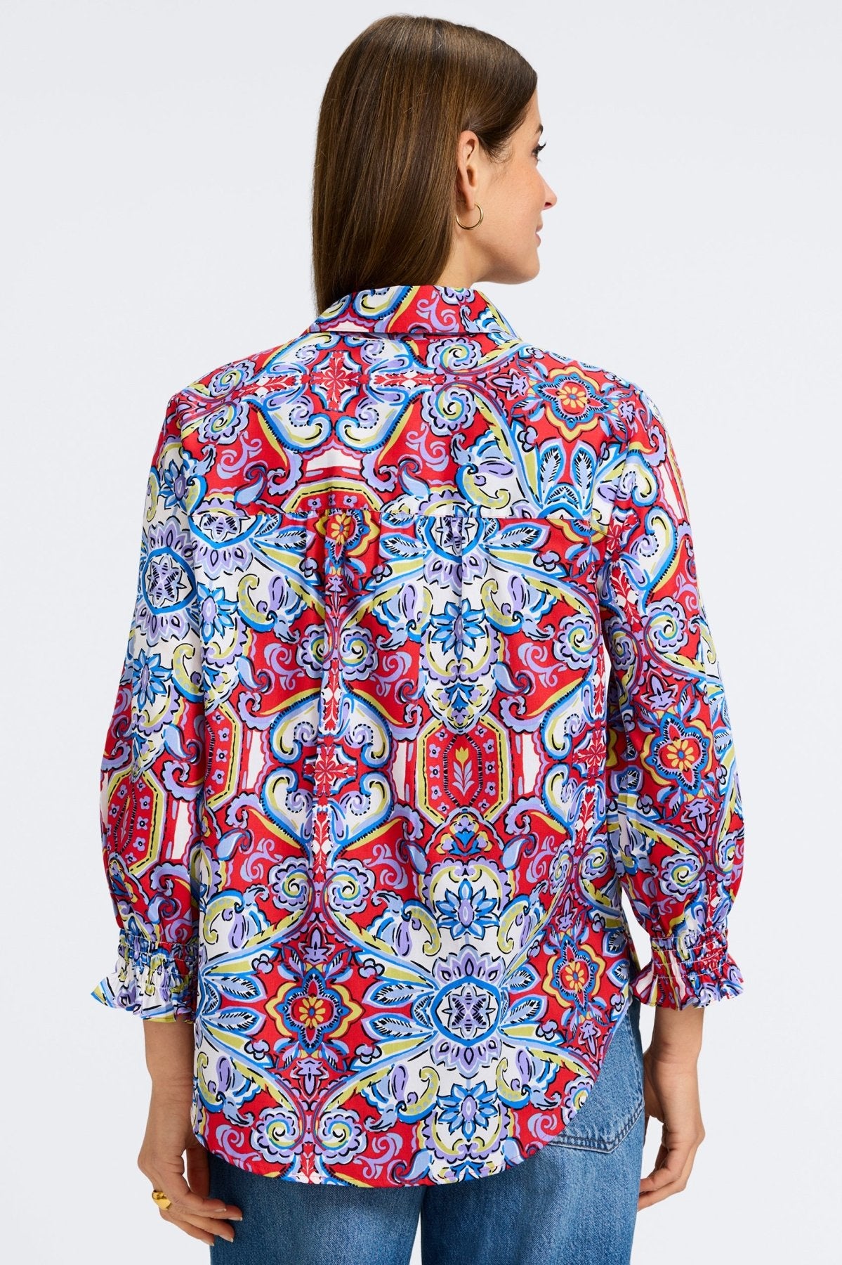 Olivia Mediterranean Tiles 3/4 Sleeve Blouse - Floral Print Women's Top for Casual Wear, Office & Date Night Outfits