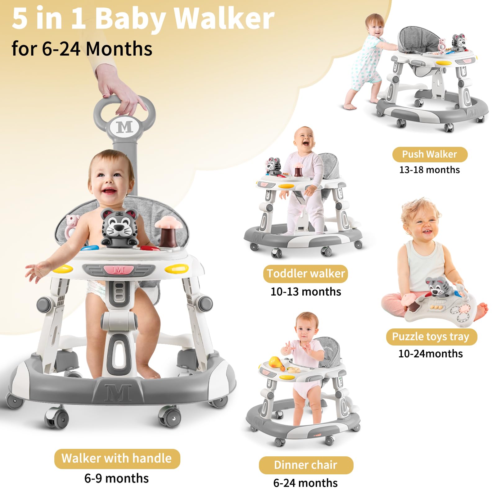 5-in-1 Adjustable Baby Walker with Wheels & Music Toys - Foldable Infant Activity Center for Boys & Girls 6-24 Months (Grey) - Perfect for Learning to Walk, Playtime & Early Development at Home