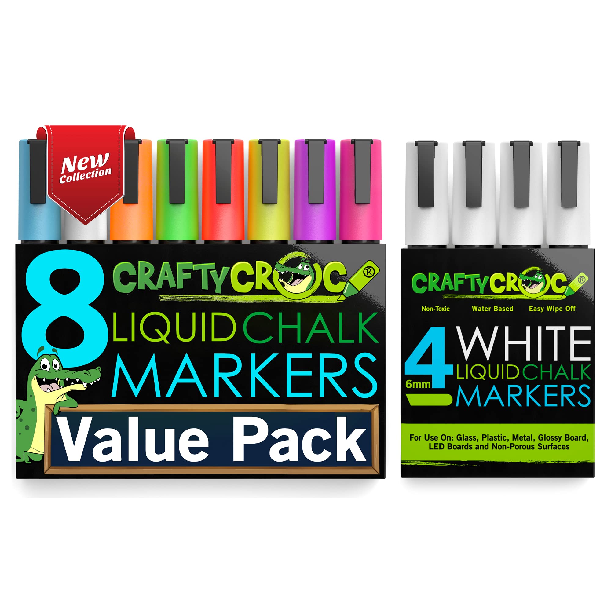 8 Neon & 4 White Chalk Markers Set - Vibrant Dry Erase Markers for Chalkboards, Glass, Windows, Blackboards & Mirrors - Perfect for Restaurants, Classrooms, Events & DIY Crafts