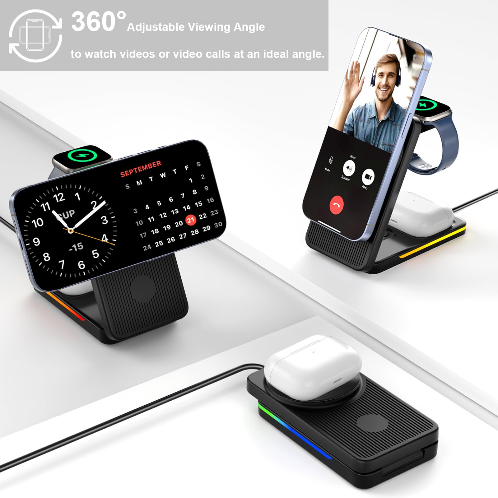 3-in-1 Magnetic Wireless Charging Station for iPhone 16 Pro Max/15/14/13/12, Apple Watch & AirPods - Foldable Fast Charger Stand for Bedside, Office & Travel | Qi-Certified Multi-Device Charging Pad