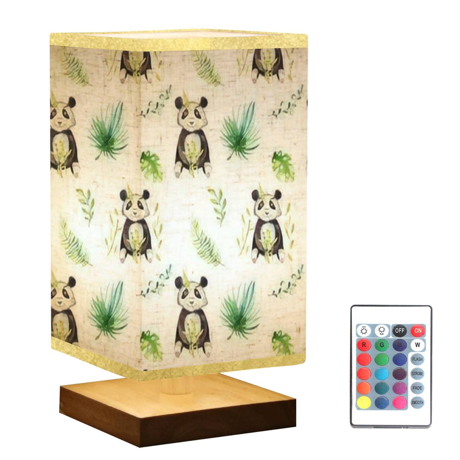 Square Bedside Table Lamp with Baby Animals Nursery Design - Watercolor Tropical Wooden Base & Flaxen Fabric Shade, Dimmable Nightstand Lamp for Bedroom, Living Room | Perfect for Nursery Decor, Cozy Reading Nook & Bedside Lighting