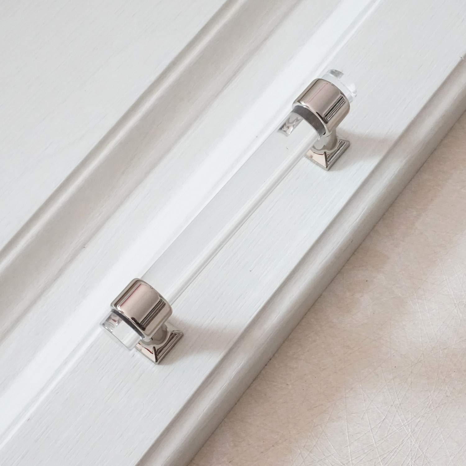 LBFEEL 3 Inch Clear Acrylic Drawer Pulls - Silver Chrome Cabinet Handles & Knobs for Wardrobe, Dresser, Kitchen Cabinets (76mm) - Modern Home & Office Furniture Hardware Upgrade