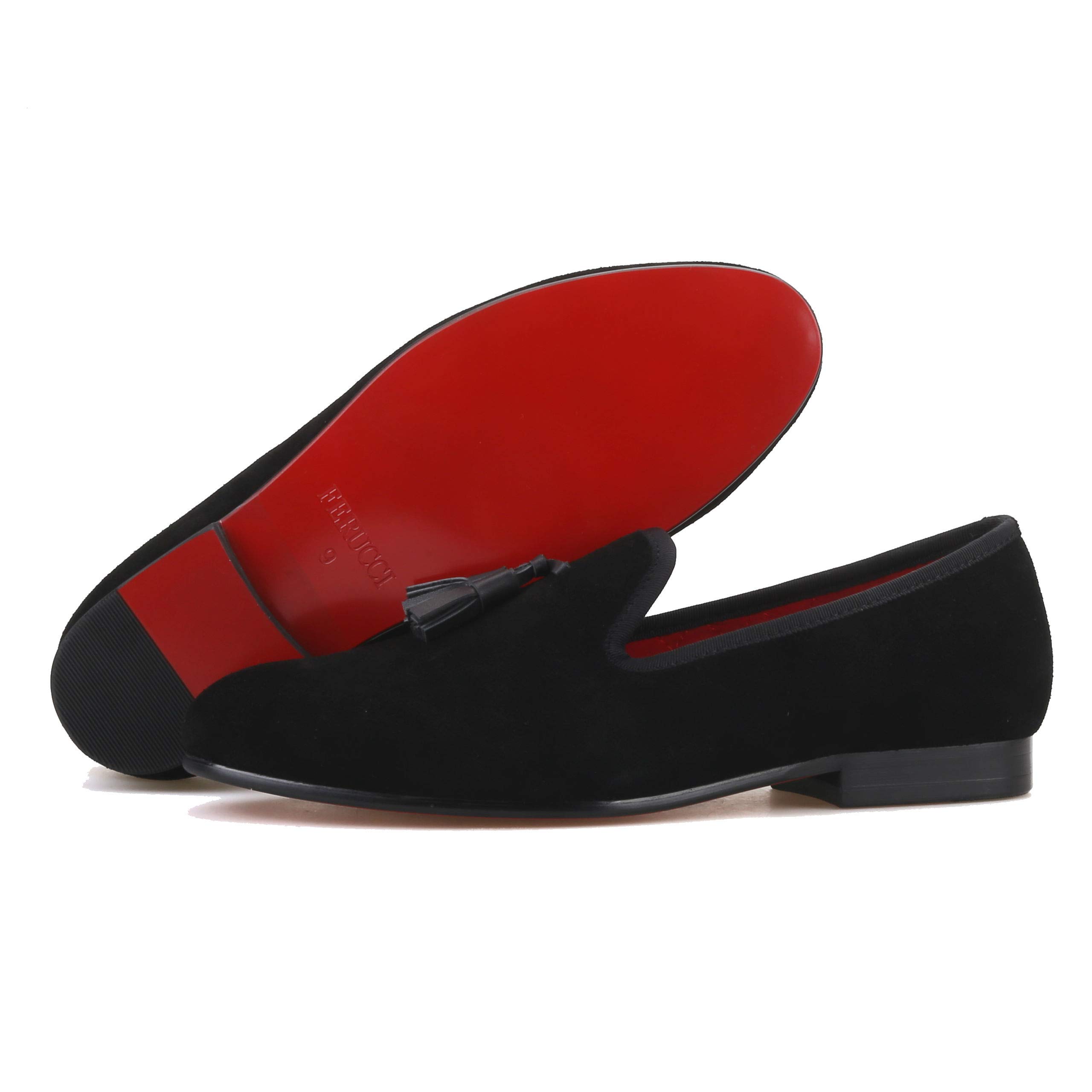 FERUCCI Men's Black Suede Loafers with Leather Tassel - Comfortable Slip-On Slippers for Indoor/Outdoor Wear, Casual & Home Use