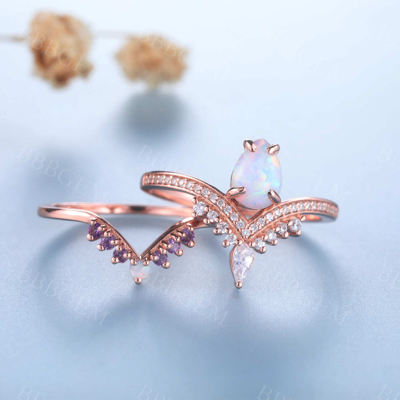 Pear Opal Engagement Ring Set - 3 Piece White Opal Wedding Band & Bridal Jewelry Set for Women, Perfect for Proposals, Anniversaries & Bridal Shower Gifts