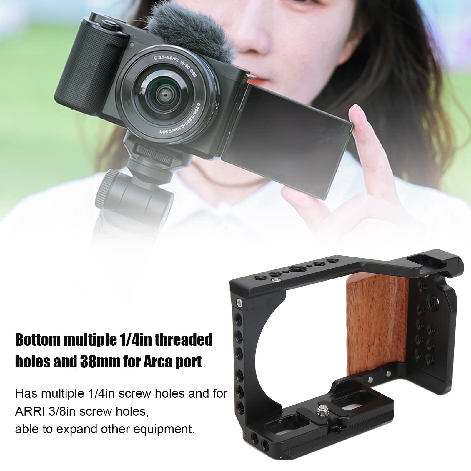 ZV E10 Camera Cage - Aluminum Alloy Video Rig with Wooden Handle | Professional DSLR Mount Bracket for Sony ZV-E10 | Perfect for Vlogging, YouTube Filming & Cinematic Shots