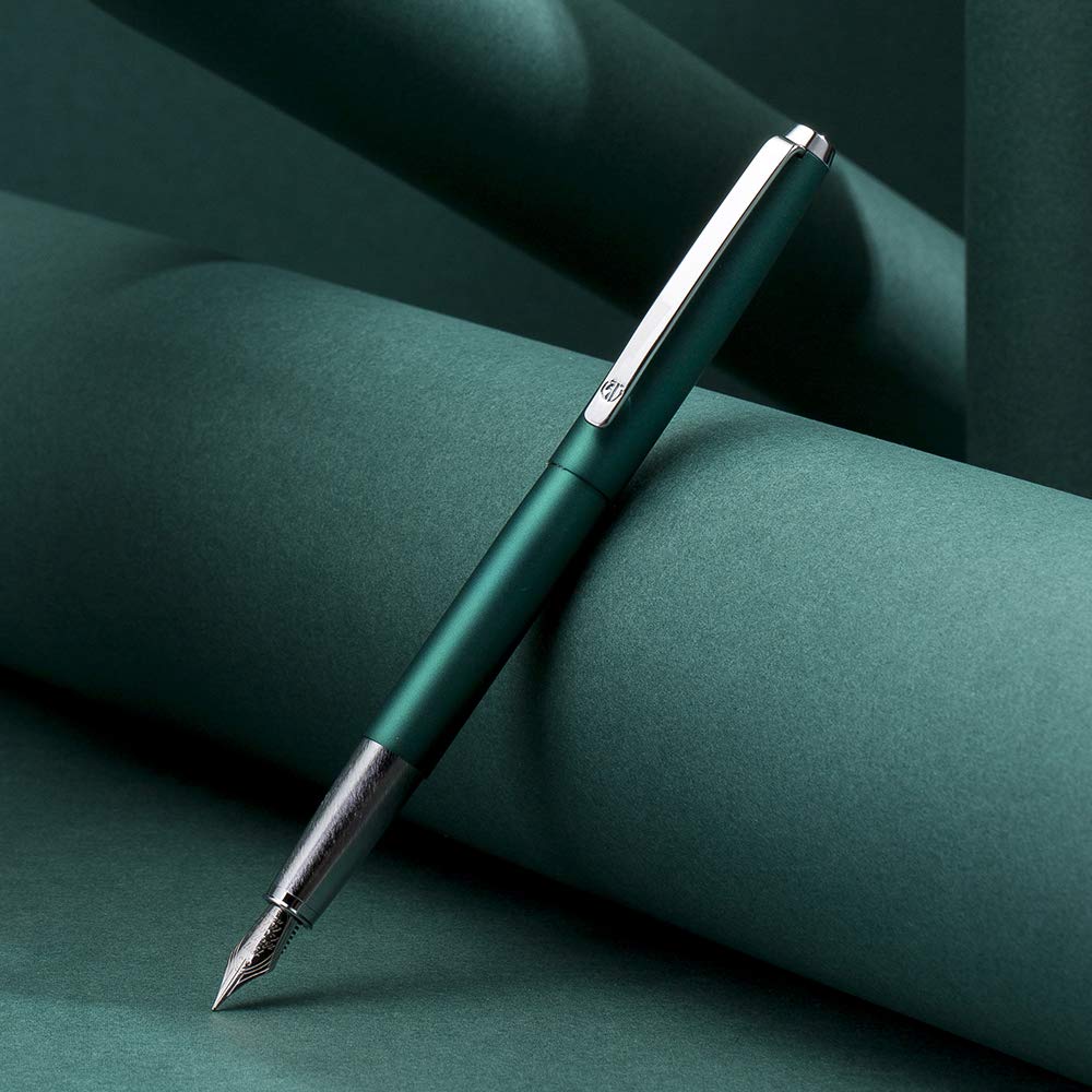 HongDian 525 Green Metal Fountain Pen with Bent Nib - 0.6mm Calligraphy Fude Pen Set Includes Converter & Premium Metal Box | Perfect for Letter Writing, Journaling & Artistic Calligraphy